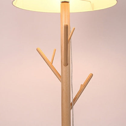 Traditional Japanese Twig Shaped Round Cylinder Wood Fabric 1-Light Standing Floor Lamp For Living Room