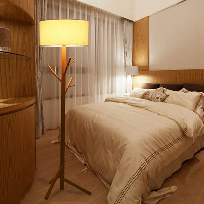 Traditional Japanese Twig Shaped Round Cylinder Wood Fabric 1-Light Standing Floor Lamp For Living Room