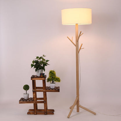 Traditional Japanese Twig Shaped Round Cylinder Wood Fabric 1-Light Standing Floor Lamp For Living Room