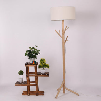 Traditional Japanese Twig Shaped Round Cylinder Wood Fabric 1-Light Standing Floor Lamp For Living Room