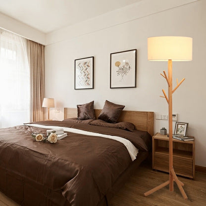 Traditional Japanese Twig Shaped Round Cylinder Wood Fabric 1-Light Standing Floor Lamp For Living Room