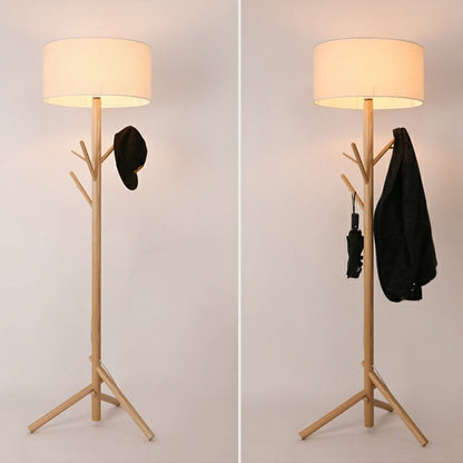 Traditional Japanese Twig Shaped Round Cylinder Wood Fabric 1-Light Standing Floor Lamp For Living Room