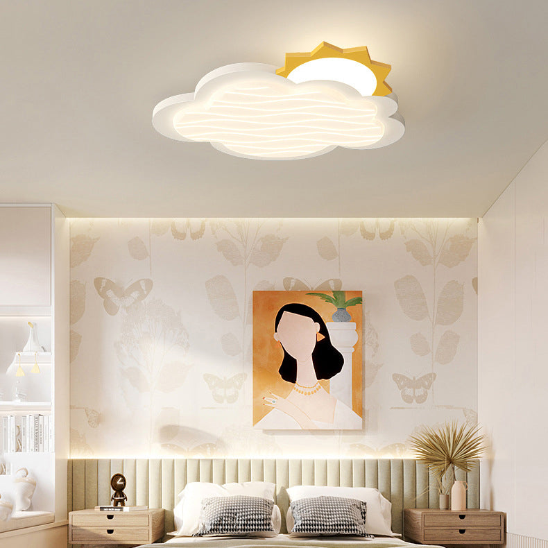 Contemporary Creative Kids Cartoon Cloud Sun Rainbow Iron Acrylic LED Flush Mount Ceiling Light For Bedroom