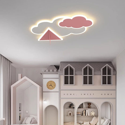 Contemporary Creative Kids Cartoon Clouds Paper Airplane Iron Acrylic LED Flush Mount Ceiling Light For Bedroom