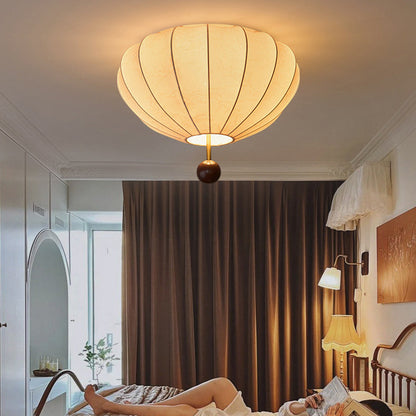 Traditional French Cream Round Oval Hardware Wood Fabric 3/4 Light Flush Mount Ceiling Light For Bedroom
