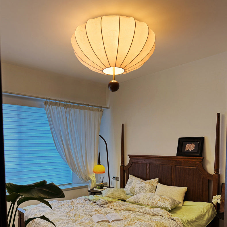 Traditional French Cream Round Oval Hardware Wood Fabric 3/4 Light Flush Mount Ceiling Light For Bedroom
