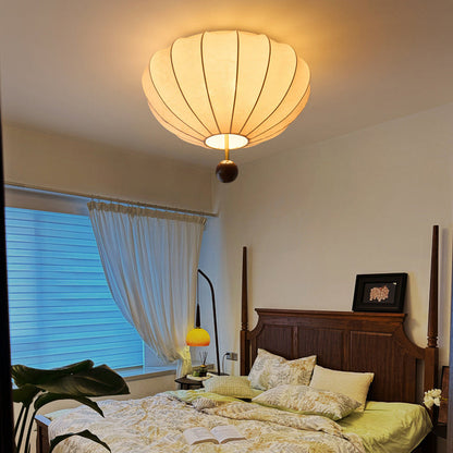 Traditional French Cream Round Oval Hardware Wood Fabric 3/4 Light Flush Mount Ceiling Light For Bedroom