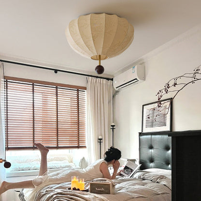 Traditional French Cream Round Oval Hardware Wood Fabric 3/4 Light Flush Mount Ceiling Light For Bedroom