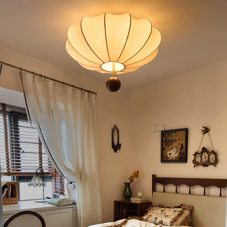Traditional French Cream Round Oval Hardware Wood Fabric 3/4 Light Flush Mount Ceiling Light For Bedroom