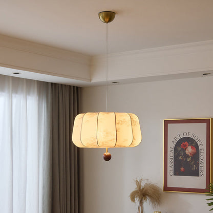 Traditional French Cream Round Cylinder Oval Hardware Wood Fabric 3/4 Light Pendant Light For Bedroom