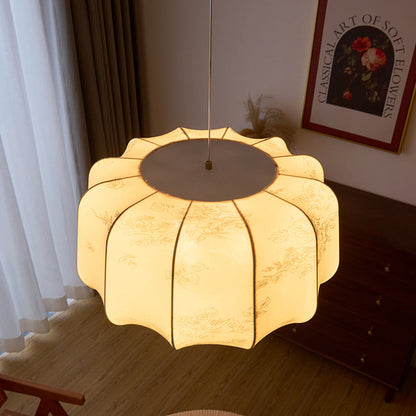 Traditional French Cream Round Cylinder Oval Hardware Wood Fabric 3/4 Light Pendant Light For Bedroom