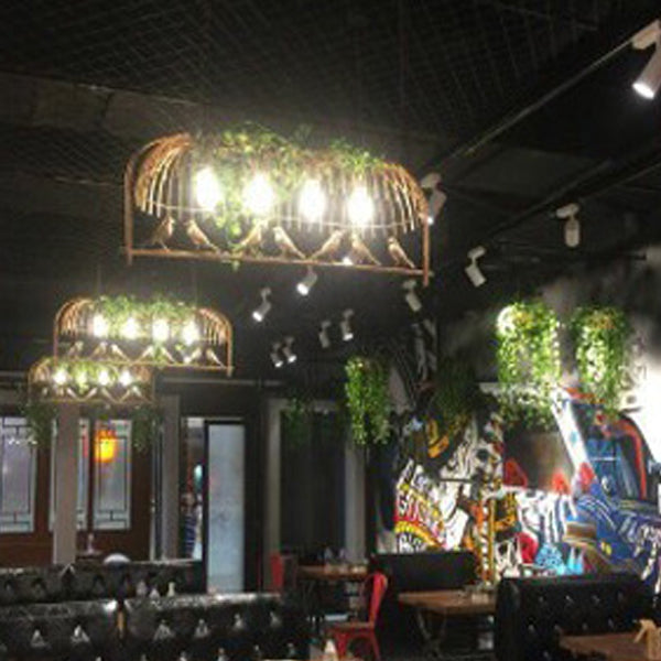 Contemporary Industrial Birdcage Bird Plant Rectangle Linear Iron 1/4 Light Chandelier For Dining Room