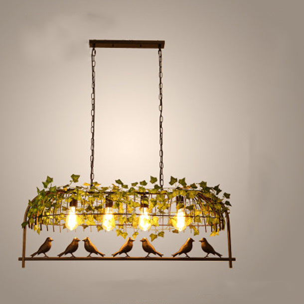 Contemporary Industrial Birdcage Bird Plant Rectangle Linear Iron 1/4 Light Chandelier For Dining Room