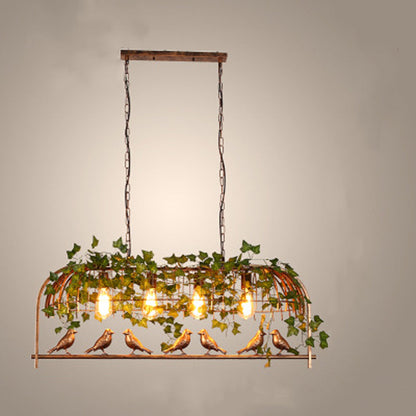 Contemporary Industrial Birdcage Bird Plant Rectangle Linear Iron 1/4 Light Chandelier For Dining Room