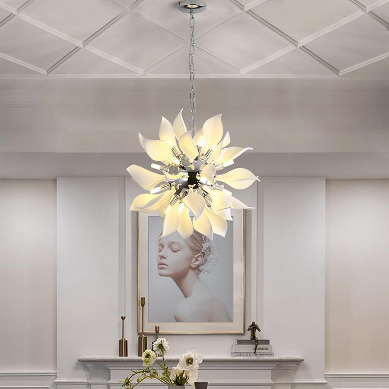 Contemporary Scandinavian Petal Round Iron Ceramic 9/12/16/20 Light Chandelier For Living Room