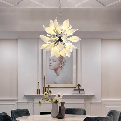 Contemporary Scandinavian Petal Round Iron Ceramic 9/12/16/20 Light Chandelier For Living Room