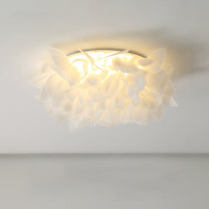 Contemporary Scandinavian Flower Feather Round Dome Iron Acrylic LED Flush Mount Ceiling Light For Bedroom