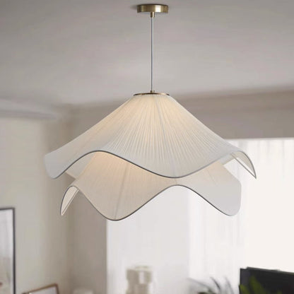 Traditional French Cream Petal Round Iron Pleated Silk 1-Light Pendant Light For Bedroom