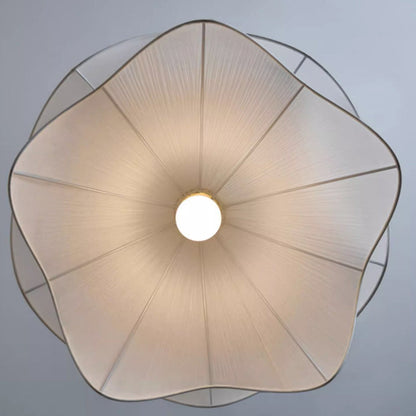 Traditional French Cream Petal Round Iron Pleated Silk 1-Light Pendant Light For Bedroom