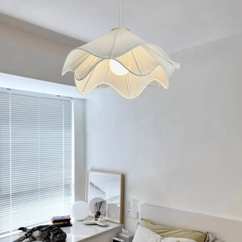 Traditional French Cream Petal Round Iron Pleated Silk 1-Light Pendant Light For Bedroom