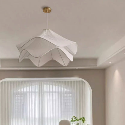 Traditional French Cream Petal Round Iron Pleated Silk 1-Light Pendant Light For Bedroom