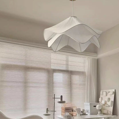 Traditional French Cream Petal Round Iron Pleated Silk 1-Light Pendant Light For Bedroom