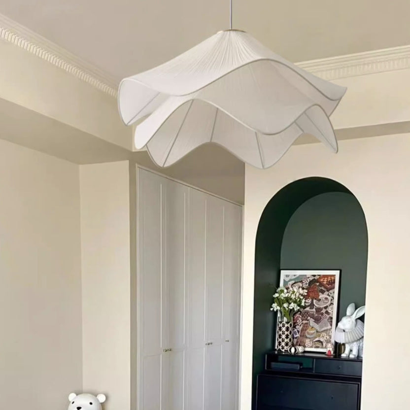 Traditional French Cream Petal Round Iron Pleated Silk 1-Light Pendant Light For Bedroom