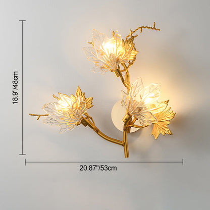 Contemporary Creative Maple Leaf Twig Aluminum Glass 3-Light Wall Sconce Lamp For Bedroom