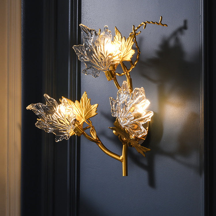 Contemporary Creative Maple Leaf Twig Aluminum Glass 3-Light Wall Sconce Lamp For Bedroom