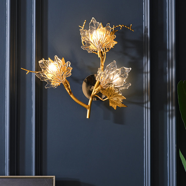 Contemporary Creative Maple Leaf Twig Aluminum Glass 3-Light Wall Sconce Lamp For Bedroom