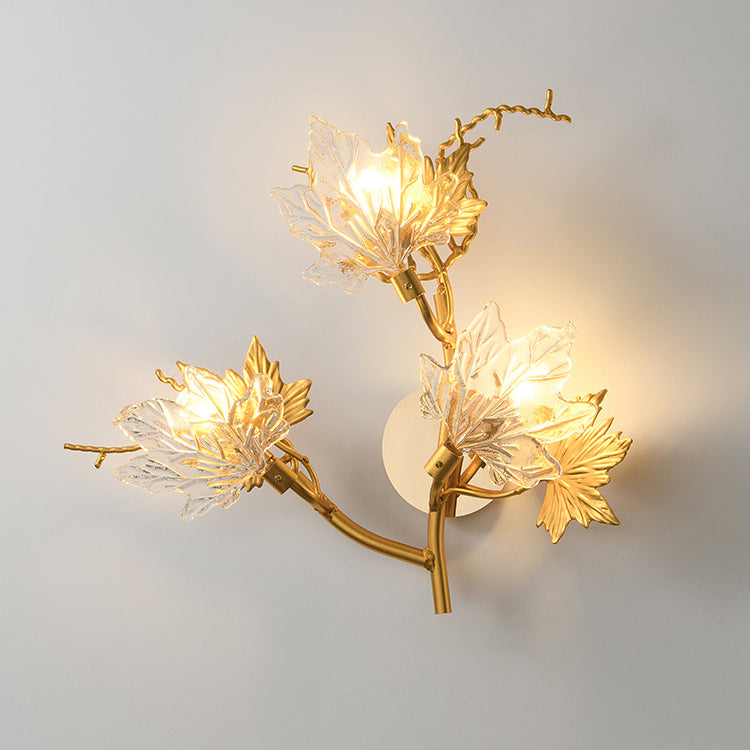 Contemporary Creative Maple Leaf Twig Aluminum Glass 3-Light Wall Sconce Lamp For Bedroom