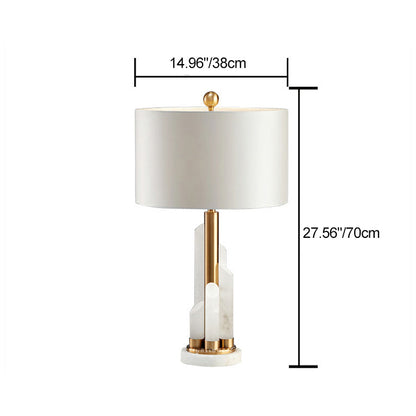 Modern Minimalist Round Cylinder Marble Hardware Fabric 1-Light Table Lamp For Bedroom