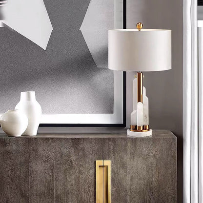 Modern Minimalist Round Cylinder Marble Hardware Fabric 1-Light Table Lamp For Bedroom