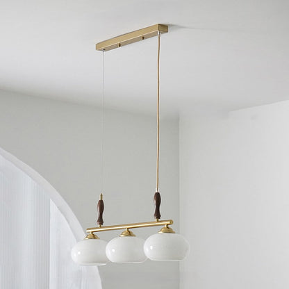 Contemporary Scandinavian Round Linear Iron Wood Glass 3-Light Chandelier For Dining Room
