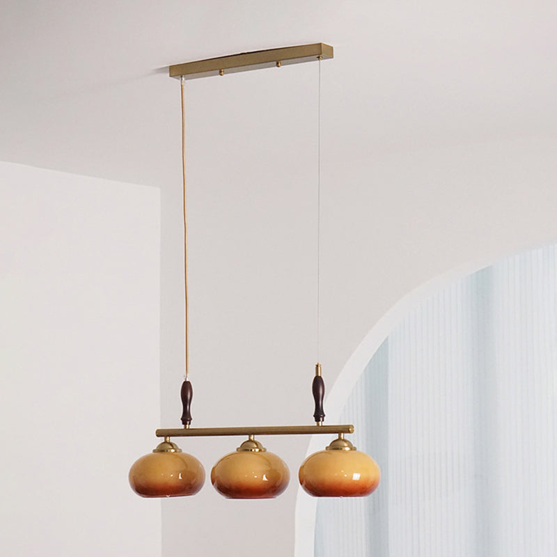 Contemporary Scandinavian Round Linear Iron Wood Glass 3-Light Chandelier For Dining Room