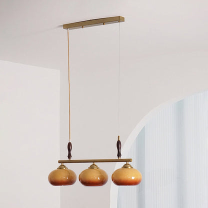 Contemporary Scandinavian Round Linear Iron Wood Glass 3-Light Chandelier For Dining Room