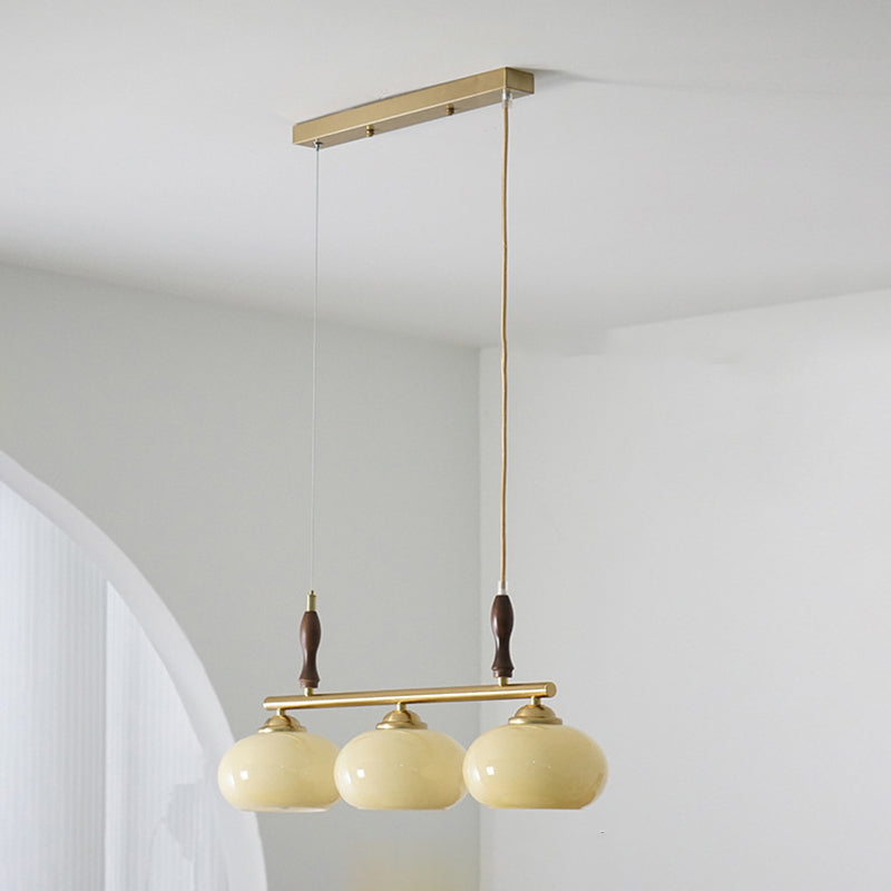 Contemporary Scandinavian Round Linear Iron Wood Glass 3-Light Chandelier For Dining Room