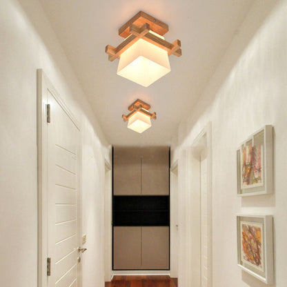Traditional Japanese Rectangular Solid Wood Glass 1-Light Semi-Flush Mount Ceiling Light For Hallway
