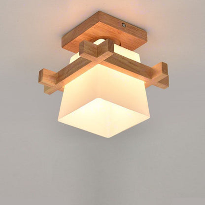 Traditional Japanese Rectangular Solid Wood Glass 1-Light Semi-Flush Mount Ceiling Light For Hallway