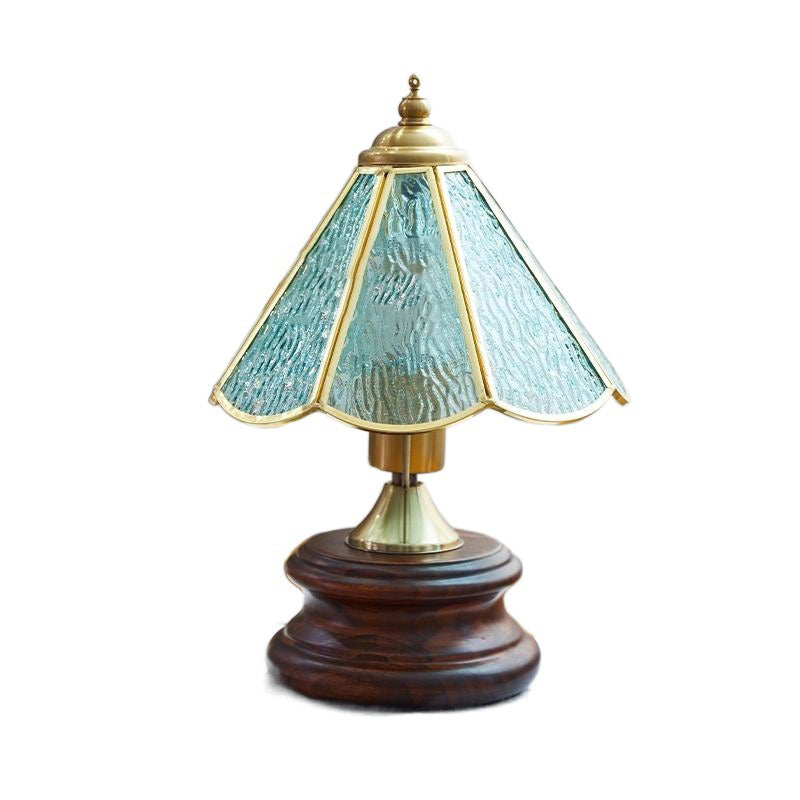 Traditional Vintage Cone Glass Iron Solid Wood 1-Light Table Lamp For Bedroom
