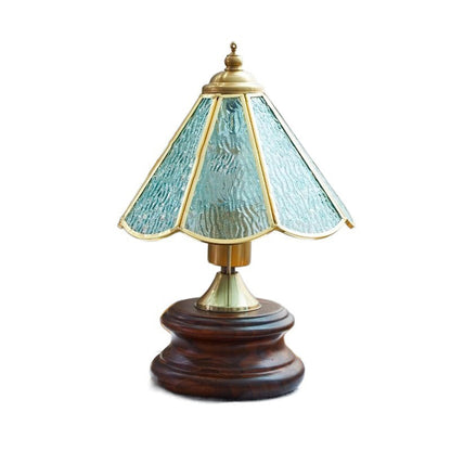 Traditional Vintage Cone Glass Iron Solid Wood 1-Light Table Lamp For Bedroom