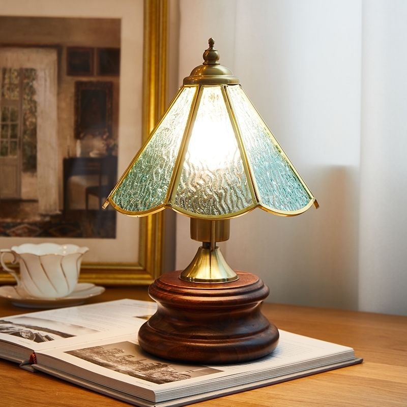 Traditional Vintage Cone Glass Iron Solid Wood 1-Light Table Lamp For Bedroom