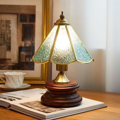 Traditional Vintage Cone Glass Iron Solid Wood 1-Light Table Lamp For Bedroom
