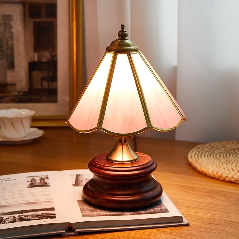 Traditional Vintage Cone Glass Iron Solid Wood 1-Light Table Lamp For Bedroom
