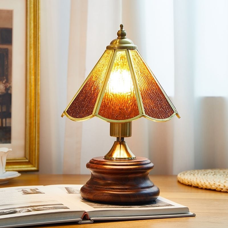 Traditional Vintage Cone Glass Iron Solid Wood 1-Light Table Lamp For Bedroom