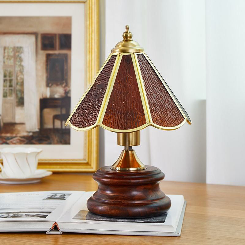 Traditional Vintage Cone Glass Iron Solid Wood 1-Light Table Lamp For Bedroom