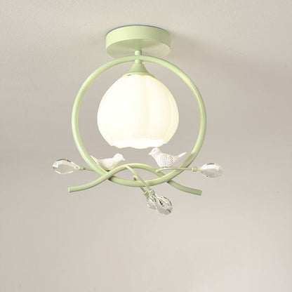 Contemporary Creative Bird Round Iron Resin Crystal 1-Light Semi-Flush Mount Ceiling Light For Bedroom