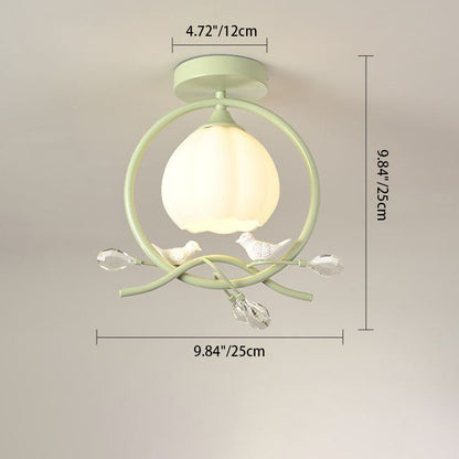 Contemporary Creative Bird Round Iron Resin Crystal 1-Light Semi-Flush Mount Ceiling Light For Bedroom