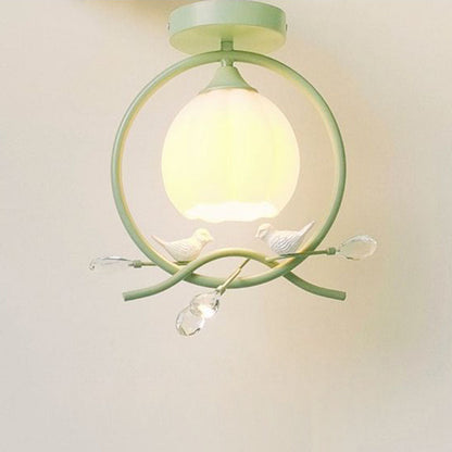 Contemporary Creative Bird Round Iron Resin Crystal 1-Light Semi-Flush Mount Ceiling Light For Bedroom
