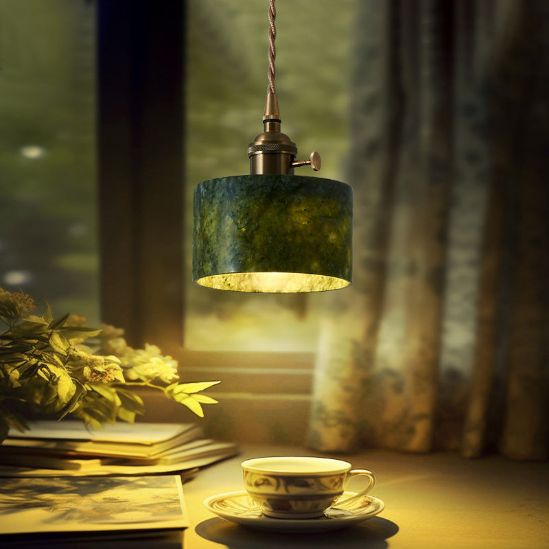 Traditional Vintage Cylinder Jade Metal Glass 1-Light Pendant Light For Bedroom